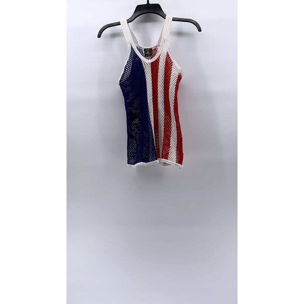 CHARMING COLORS Women's Blue-White-Red Scoop-Neck Open Crochet Knit Tank Top SZM